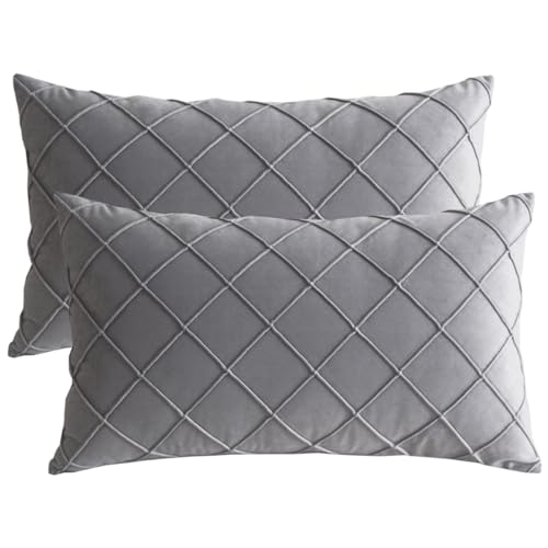 Lutanky Grey Rectangle Velvet Cushion Covers 30 x 50 cm Decorative Checked Design Throw Pillow Covers (Pack of 2) Oblong Pillow Cases for Sofa Bed Couch 12x20 Inch