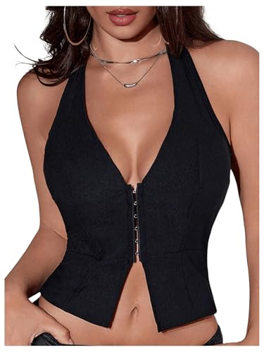 SHENHE Women's Halter Bustier Crop Top Deep V Neck Split Sexy Party Night Vest Top