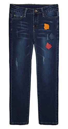KIDSCOOL SPACE Big Girls Jeans,Elastic Band Inside Maple Leaf Decor Ripped Stretchy Soft Denim Pants
