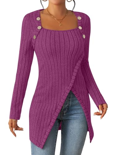 MLXSJ Womens Lightweight Asymmetrical Hem Sweaters Long Sleeve Shirts Casual Fall Button Decor Tunic Tops (Rose Red, M)