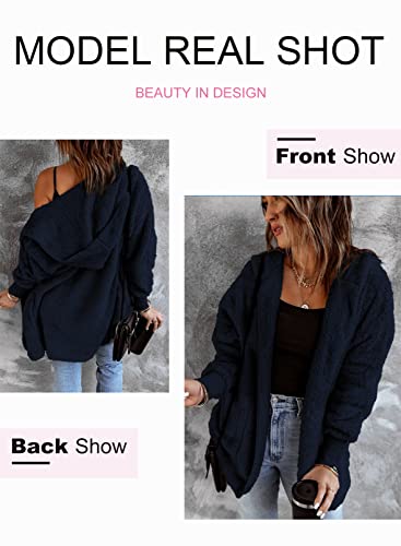 Dokotoo Womens Fashion 2023 Plus Size Casual Ladies Fuzzy Winter Fall Open Front Long Sleeve Fleece Pocket Hooded Cardigan Sweater Jacket Coat Outerwear Navy Xx-Large #TOP2