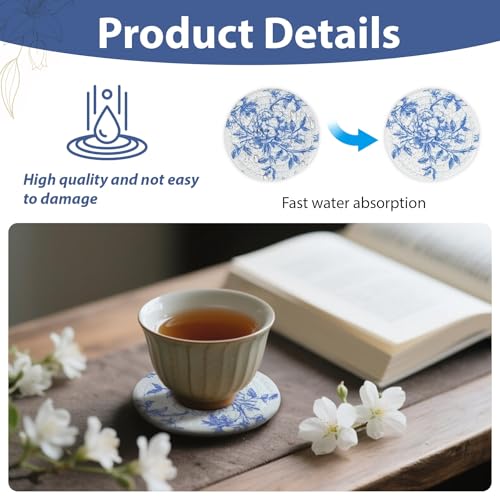 Blue and White Placemats Coasters Set of 6 Floral Round Woven Placemat Bulk Chinoiserie Braided Placemats Washable Cotton Rope Place Mats Heat Resistant Table Mats for Home Wedding Party Decor by Kuabiz - Image 4
