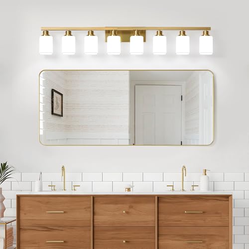 Image of Bathroom Vanity Light,8-Light Brushed Gold Bathroom Light Fixtures with Square Frosted Glass, 51in Gold Wall Lamp Sconces for Mirror Bedroom,Living Room Hallway,E26