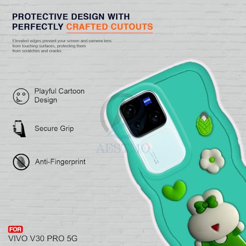 Image of AESTMO Back Case Cover for Vivo V30 / V30 Pro 5G | 3D Cute Fun Cartoon Characters | Anti Slip Grip Cute Wave Curly Frame Shape | Full Body Protection Back Cover for Vivo V30 / V30 Pro 5G (MintGreen)