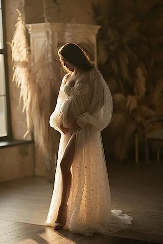 Yexinbridal Women's Pearl Tulle Maternity Robes Long Puffy Sleeves for Photoshoot Off Shoulder Bridal Dressing3