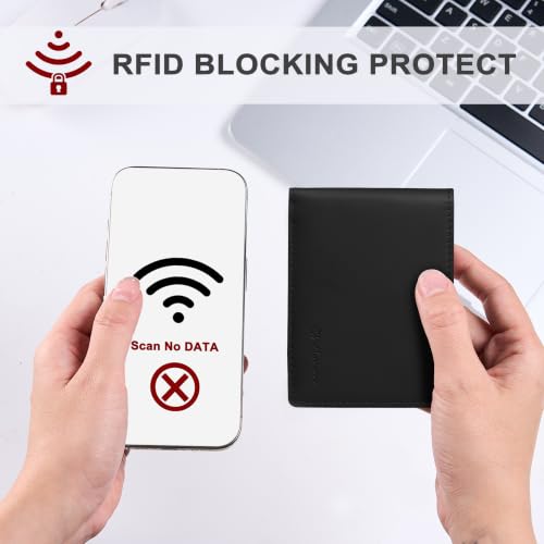 Image of Chelmon Genuine Leather Slim Wallet for Men ID Window with RFID Blocking Minimalist Front Pocket Mens Bifold Bussiness Card Holder Gift for Men, Craze Horse Black