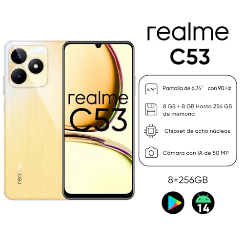 realme C53 Smartphone Android Desbloqueado, teléfono móvil con Doble SIM, cámara AI de 50MP, Pantalla LCD de 6,74" y 90 Hz, 8 GB de RAM y 256 GB de ROM, batería de 5000 mAh, Gold Champion - Imagen 3