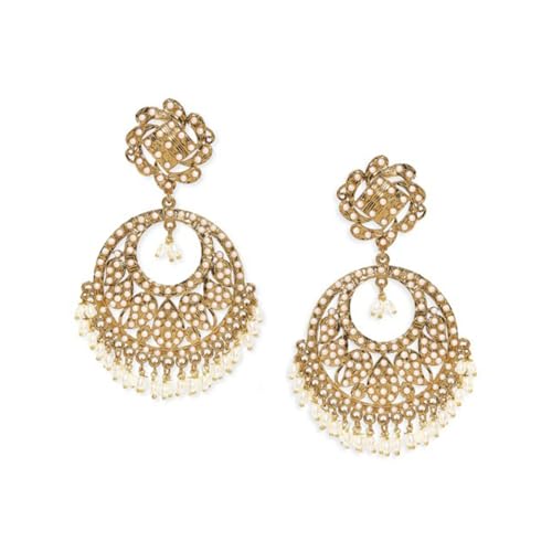 Image of Rubans Chandbali Earrings Kundan Pearl Beads Traditional Wedding Jewellery for Women & Girls
