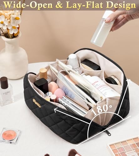 Image of Travel Makeup Bag, Large Capacity Puffy Toiletry & Cosmetic Bag for Women | 3 PCS Open Flat Quilted Makeup Cosmetic Organizer, Waterproof w /Clear Divider Portable Pouch for Skincare Travel Essentials