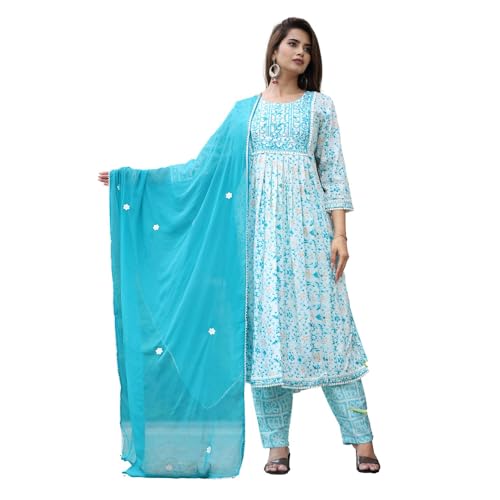 Image of Women's Stylish Rayon Nayra Cut Kurta Embroidered Work and Round Neck 3 /4 Sleeve with Pant Dupatta Set