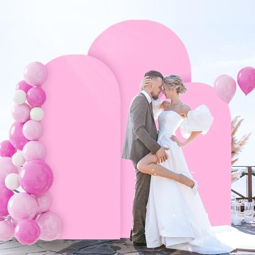 Image of FOTSHARER Arch Backdrop Cover Set of 3 Pink Wedding Arch Cover 4FT 5FT 6FT 2 Sided Spandex Arch Stand Covers Chiara Arched Covers Balloon Arch Covers Stretchy Backdrop for Wedding Banquet Decorations