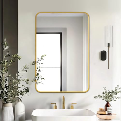 Image of Delma Bathroom Vanity Mirror, Gold Framed Mirror for Over Sink, 30x20 | HD glass, distortion-free for makeup and grooming, Sturdy frame, all mounting hardware, hangs horizontal or vertical