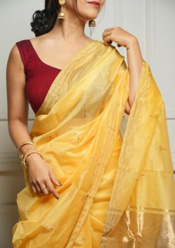 Image of Flosive inchWomen's Premium Pure Cotton Silk Saree with Golden Zari Border and Butti Work | Traditional Handloom Style Saree for Festive & Office Wear