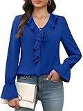 Funlingo Womens Long Sleeve Blouses Dressy Casual Chiffon Tunic Tops V Neck Trendy Business Work Ruffle Shirts Professional Outfit Royal Blue L