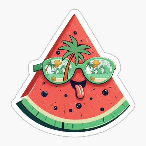 Image of Funny Watermelon Sticker Cartoon Summer Fruit Sunglasses Vinyl Decal Waterproof 5 Inch Laptop Water Bottle Cute Tropical Beach Sticker