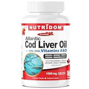 NUTRIDOM Atlantic Cod Liver Oil 1000 mg – 120 Fish Gelatin Softgels – Rich in EPA, DHA, Vitamins A & D – Non-GMO, Gluten-Free, Made in Canada