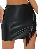 Justalwart Leather Skirts for Women High Waist Fringe Skirt with Slit (US 4-6)