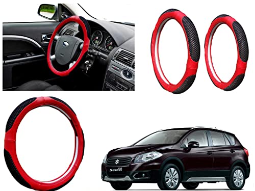 Image of Microfiber Car Steering Wheel Cover, Soft Padding Great Hand Feel, Anti-Slip, Faux Leather Steering Cover for Maruti Suzuki S Cross | Black Red Jali - Pack of 1