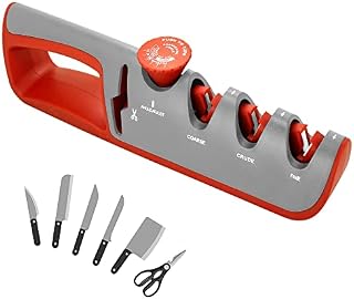 4 in 1 Knife Sharpener, Professional Sharpening 6 Step Adjustable Angle Guide Knife Sharpers Tool with Scissor for Chef's Kitchen Knives and Scissors Grey