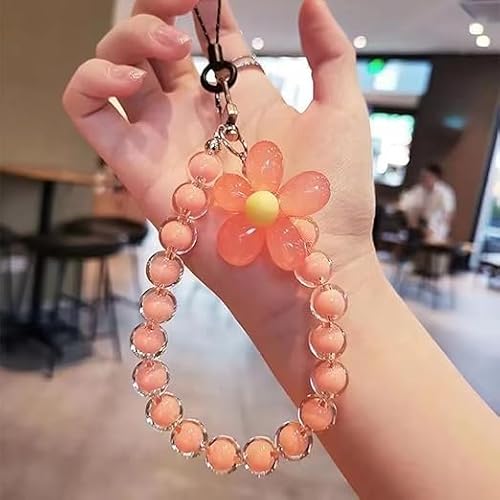 Orange Mobile Phone Strap Beaded Flower Bracelet Creative Hanging Rope Keychain Mobile Phone Lanyard Beaded Flower Anti-Lost Phone Case Lanyard Wrist Strap Cell Phone Charms Accessories, Car Keychain - Thumbnail 2