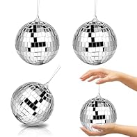 Multi-Size Sparkly Disco Ball Set：This pack includes 3pcs of 10cm silver disco balls made from high-quality foam, each covered with glittering glass pieces for brilliant light reflection. Perfect as cake toppers, Christmas tree ornaments, or party de...