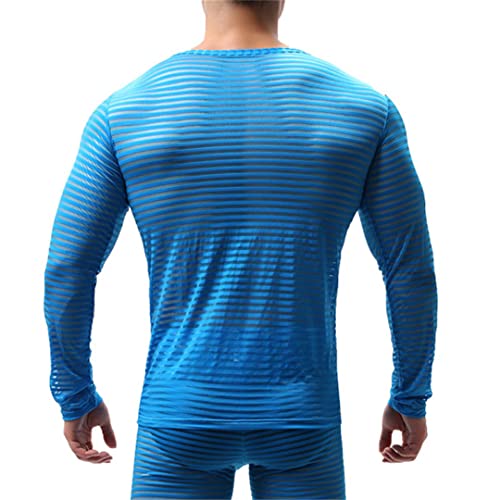 Sexy Mesh T Shirt Mens Transparent Long Sleeve See Through Striped Sleep Undershirts Perform Top Tees Nightwear2
