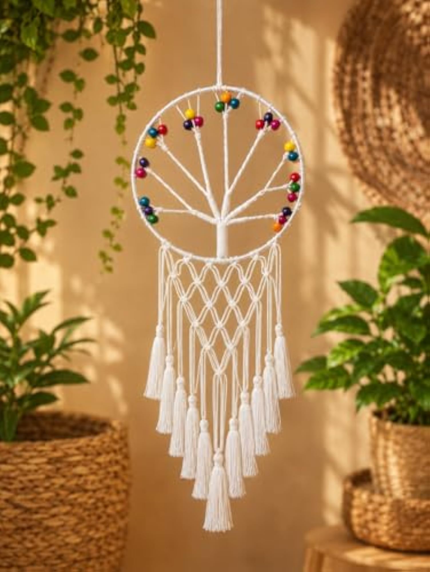 Handmade Macrame Dream Catcher Wall Hanging with Colorful Beads