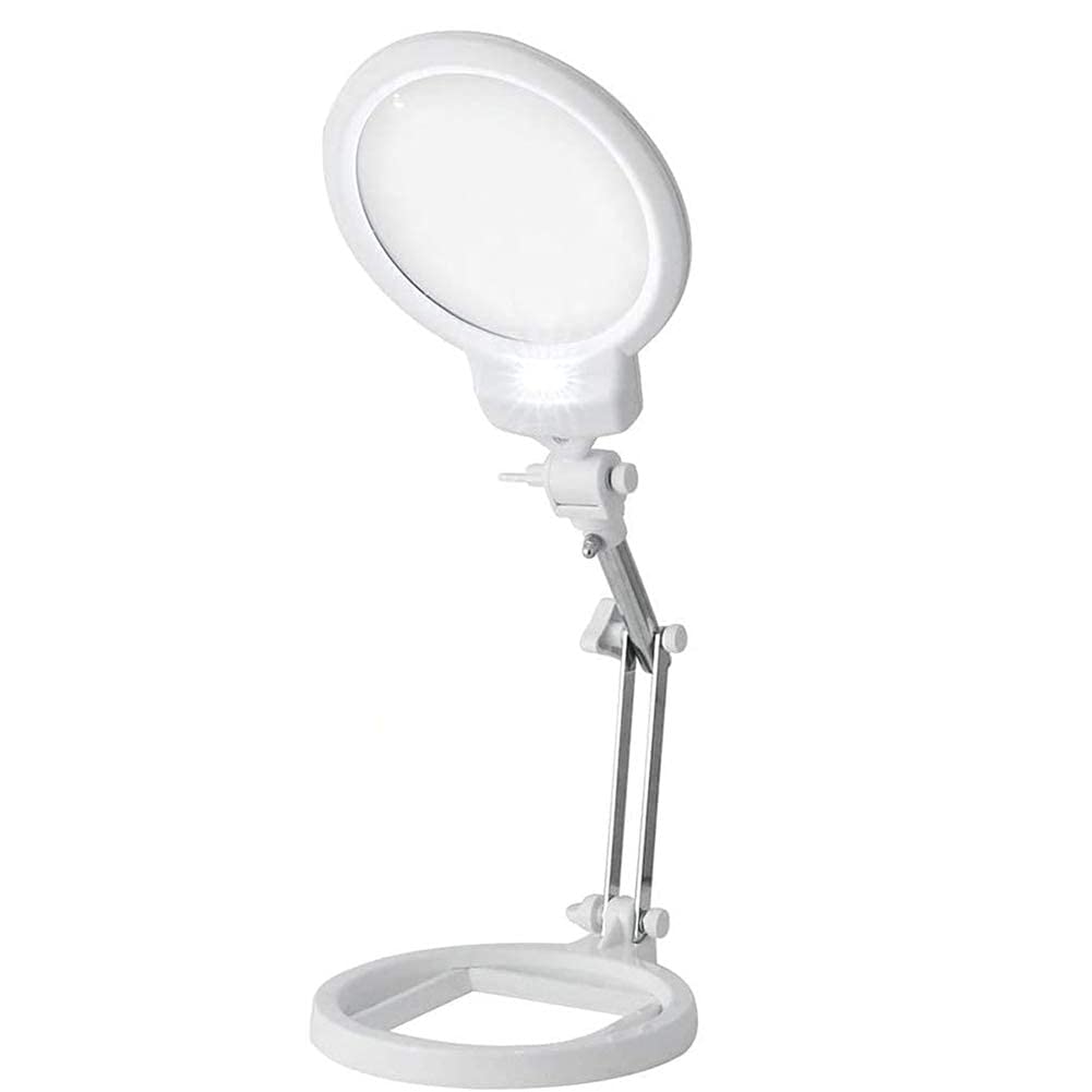2,5-fach/5-fach vergrößernde, Faltbare 2-in-1-Tischlupe mit LED-Beleuchtung und Ständer zum Lesen, Beobachten und Basteln – freihändig nutzbar, beleuchtete Handlupe
