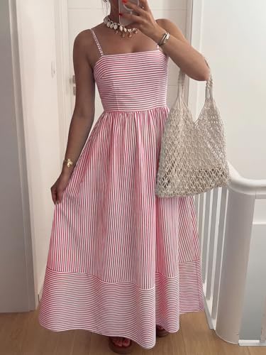 Image of Caracilia Womens Maxi Dresses Gingham Spaghetti Strap Back Smocked Flowy Long Sundress Summer Beach Vacation Clothes 2026