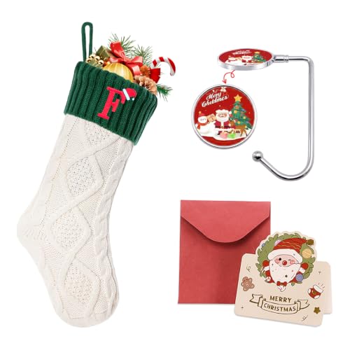 Ulico Initial Christmas Stockings, 18’’ Large Embroidered Monogram Knit Christmas Stocking,Xmas Stocking for Kids, Holiday and Family Stocking for Fireplace or Party Decoration White-Green Letter F