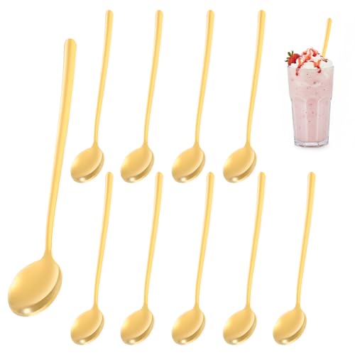 Nogeqi 10 Pcs Gold Coffee Spoons, 5.1 Long Handle Espresso Spoons, Gold Tea Spoon,Dessert Spoon for Stirring, Ice Tea, Cake, Coffee Bar Accessories