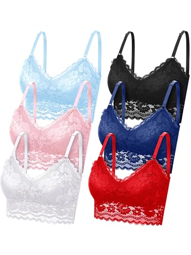Image of Geyoga 6-Pack Women's Lace Bralettes with Floral Pattern, Wireless, Unpadded Cami Bustier Lace Bras with Straps, XXL