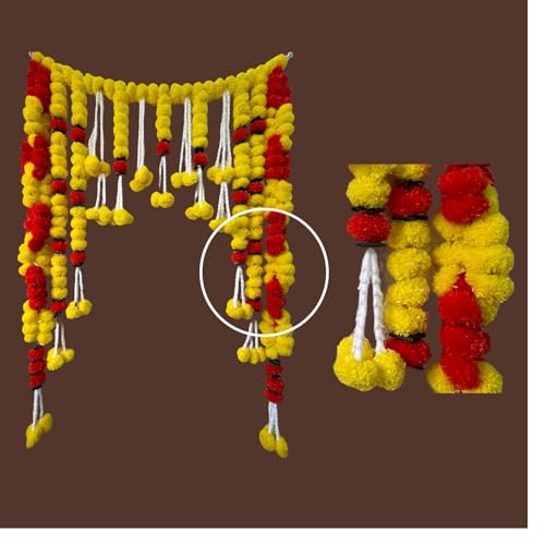 Image of iHandikart Handcrafted red & Yellow Artificial Marigold bandanwar that adds Festive Charm to Doors and Walls. Ideal for Makar Sankranti, Lohri, Housewarming, Pooja decor and Home Decoration (B0085)