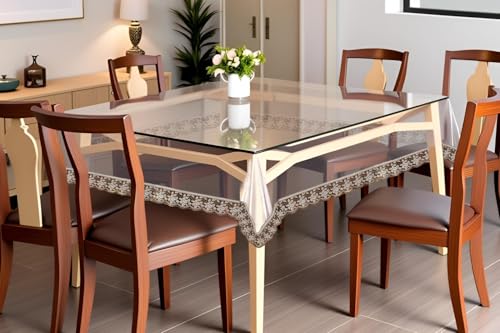 Image of The Furnishing Tree Square Shaped 4 Seater Transparent Table Cover WxL 60x60 inches 0.25 mm Thickness with Golden Lace