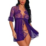 NQY Damen Dessous Kimono Kurz Spitze Kleid Gown Weiter Ärmel Transparente Robe Kurz Mesh Spitzenbesatz Lingerie Bikini Cover up Mit G-String M
