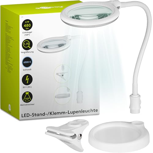 goobay 60359 LED Lupenleuchte - Lupenlampe mit Standfuß - Standlupe Licht - 6 W Leistungsaufnahme - Farbtemperatur 6200 K – Lichtstrom 480 lm, Weiß