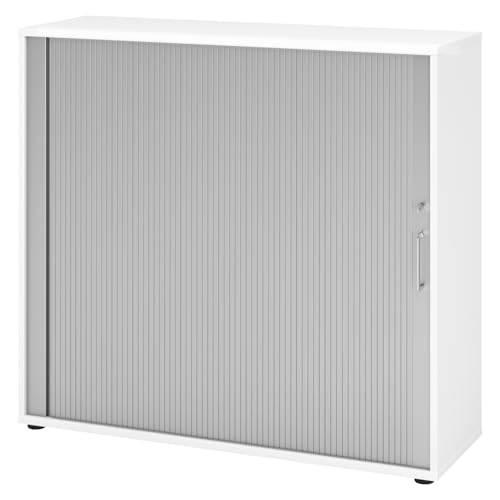 bümö Aktenschrank abschließbar mit Rollladen, Rollladenschrank für Ordner & Co. - Büroschrank mit Rollo, abschließbarer Ordnerschrank aus Holz in Weiß/Silber mit Bügelgriff