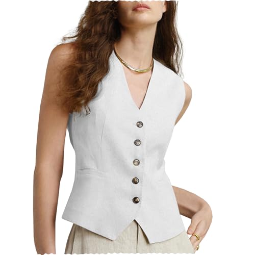 Women's Linen Waistcoat V-Neck Dressy Vest 2025 Summer Linen Sleeveless Waistcoat Casual Cotton Suit Tops