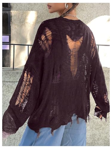 Image of Verdusa Women's Hollow Out Crochet Sweaters Top Long Sleeve Ripped Knit Top Gothic Clothes Concert Outfits Fall Clothes