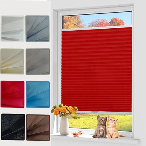 Premium Plissee Faltrollo 25 x 200 cm Blickdicht Easyfix Sonnenschutz Plissee ohne Bohren Plissees Blickdichtes Falt-Rollo, für Fenster, Rot