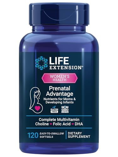 Image of Life Extension Prenatal Advantage, Women's multivitamin, Baby Support, folic Acid, Choline, omega-3s, Vitamin C, D3, B1, B6, B12, zinc, niacin, Gluten Free, Non-GMO, softgels, 120 Count (Pack of 12)