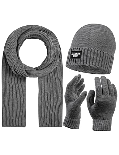 Leandro Lido Epomeo 3-teiliges Winter-Set aus Mütze, Handschuhen und Schal, für Herren. Aus weichem, wärmendem Strickmaterial, optimal für kalte Tage. In Schwarz, Grau und Blau (Grau)