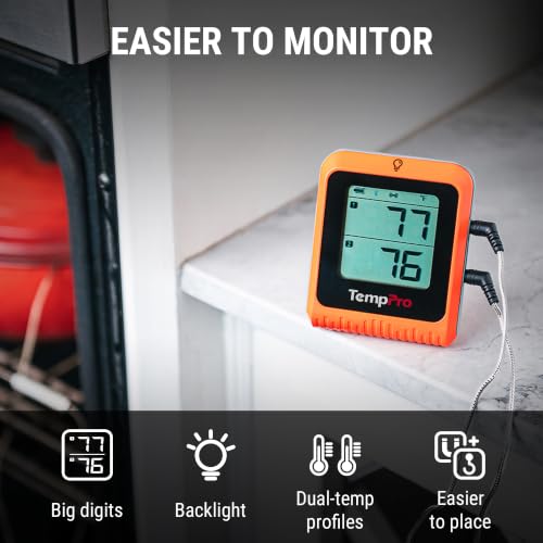 Image of TempPro Wireless Meat Thermometer Digital for Grilling and Smoking, 2 Probes Bluetooth Meat Thermometer for Cooking, Rechargeable Smoker Accessories for BBQ Oven (Previously ThermoPro)