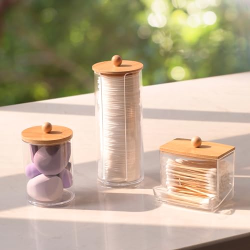 JINTANG 3 Pcs wattestäbchen behälter,wattepads spender mit Bambusdeckel,wattepads behälter,Transparent Kosmetik schminktisch zubehör,Für Badezimmer-Make-up-Tupfer,Make-up-Entferner-Pads Aufbewahrung