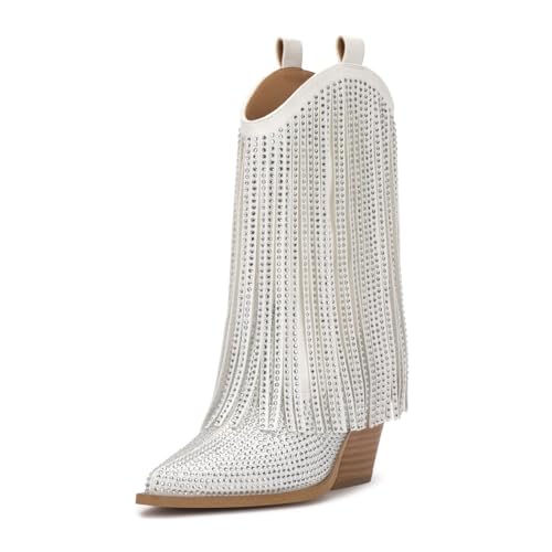 keleimusi Women's Rhinestone Cowboy Boots Sparkly Fringe Cowgirl Ankle Boots Glitter Western Ankle Boots Almond Round Toe Chunky Heel Wide Calf Short Booties for Women2