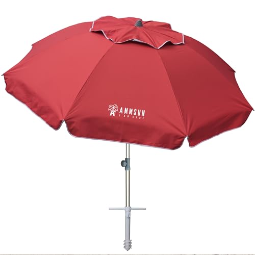 Image of AMMSUN 7ft Beach Umbrella with Sand Anchor & Tilt, UPF 50+ UV Protection, Windproof Fiberglass Ribs, Portable Lightweight Outdoor Umbrella with Carry Bag for Beach, Patio, Pool, Camping Red