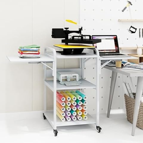PUNCIA 3 Tier Movable Heat Press Table Foldable Heat Transfer Machine Stand Heavy Duty Rolling Workbench with Folding Table for DIY Sublimation Transfer Machine Metal Shelf Storage Organization Cover