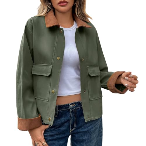 Oymyakon Women Cropped Jacket Contrast Collar Utility Coat Button Down Barn Jacket Fall Casual Cargo Jackets Outwear Armygreen S