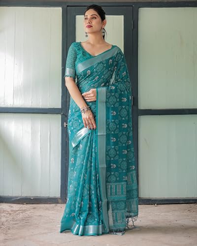 Image of Kaugalian store Linen Cotton Floral Printed Saree for Women with Unstitched Blouse Piece | 5.5 M Saree & 0.8 M Blouse