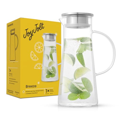 JoyJolt Glass Pitcher with Lid - 50oz Borosilicate Water Carafe, Jug with Stainless Steel Lid for Iced Tea, Lemonade, Juice, Mixed Drinks by JoyJolt - Used condition - US$16.32